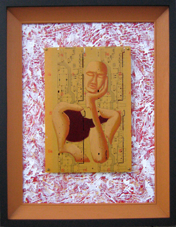 Broken figure on Circuit Board, rich textured backing board. Framed. Acrylic, PCB, Texture on Canvas Panel