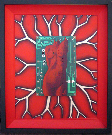 Figure on Printed Circuit Board. Acrylic on PCB, Canvas. Framed.